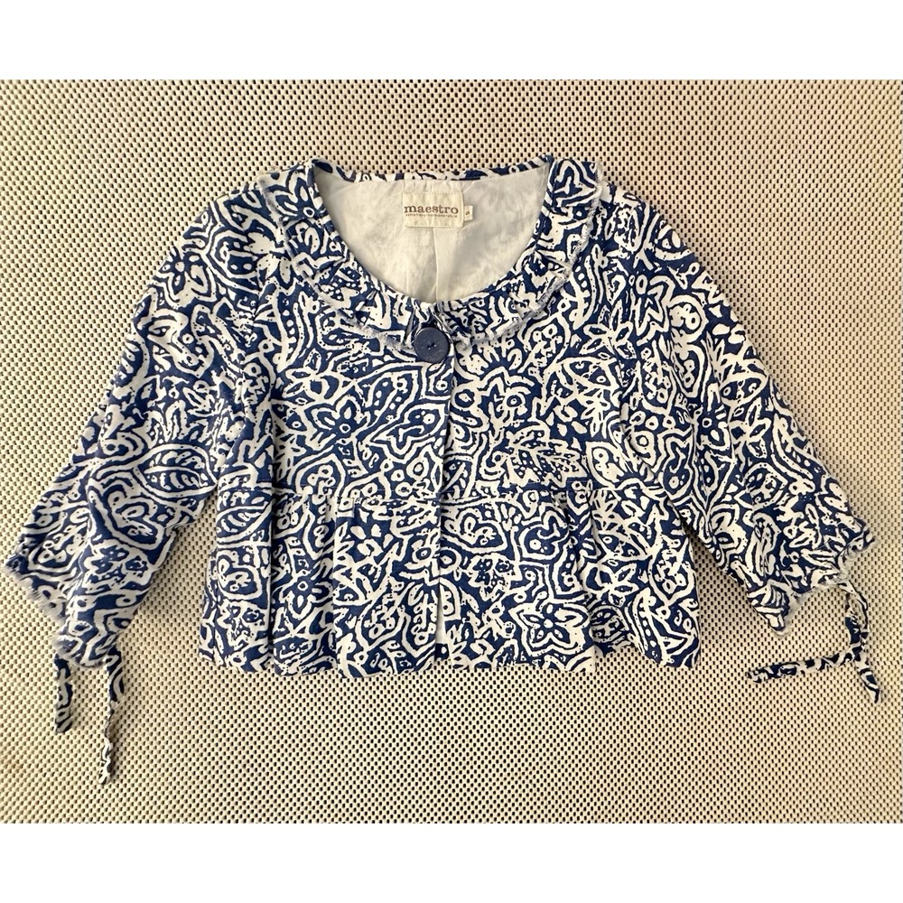 Maestro Blazer/Jacket 100% Linen Women Size S Crop Waist Bell Sleeve Boxy‎ Blue